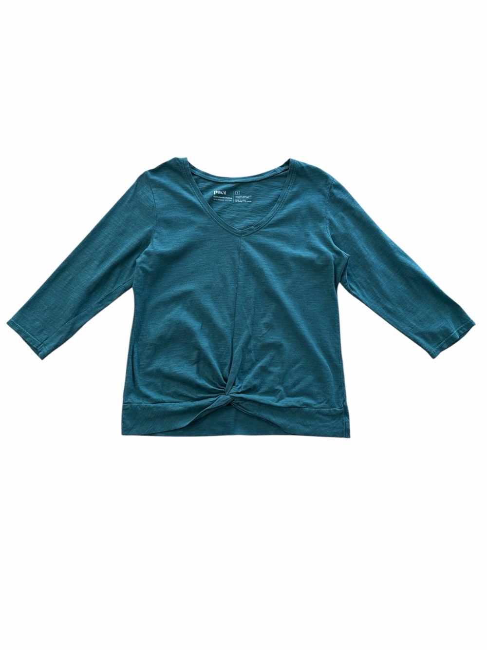 Pact Organic Cotton Teal V Neck Top with 3/4 Sleeves